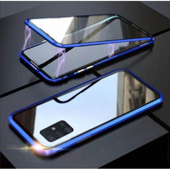 Transparant magnetisch hoesje met glazen voor- en achterkant voor Samsung Galaxy A52 blauw met frames