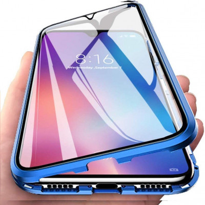 Funda Magnética Transparente con Frontal y Trasera de Cristal para Samsung Galaxy A52 Azul con Marcos