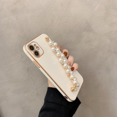 Funda con correa de muñeca perla iPhone 11, 12, 13 Pro Max, X,XS, Xr con cadena de perlas, Apple, beige, con marco dorado, cadena extraíble y reemplazable