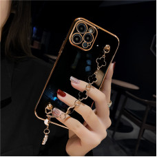 Funda para Apple iPhone 11, 12, 13 Pro Max, X, XS, Xr con cadena decorativa, correa para la muñeca, negra, con marco dorado