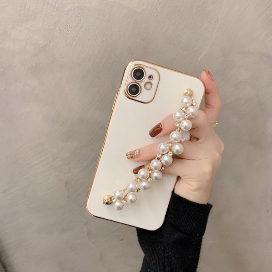 Koop Pearl polsbandje iPhone 11, 12, 13 Pro Max, X, XS, Xr met parelketting, Apple, beige, met gouden frame, verwijderbare en vervangbare ketting