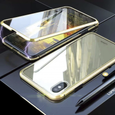  Funda magnética transparente con paneles frontal y trasero de cristal para Samsung Galaxy A52 dorada con marcos