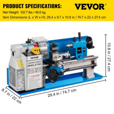 Mini Torno de Fresado de Metal 180mm x 350mm, Velocidad Variable 50-2,250 RPM 500W Engranaje de Nylon