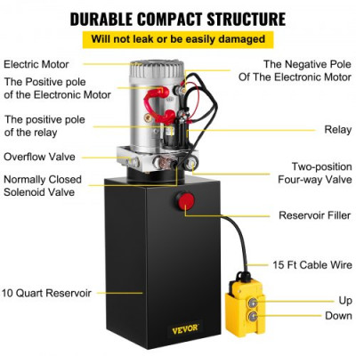 VEVOR Bomba Hidráulica Acción Simple 10L Remolque Tanque 12V Cilindro Hidráulico