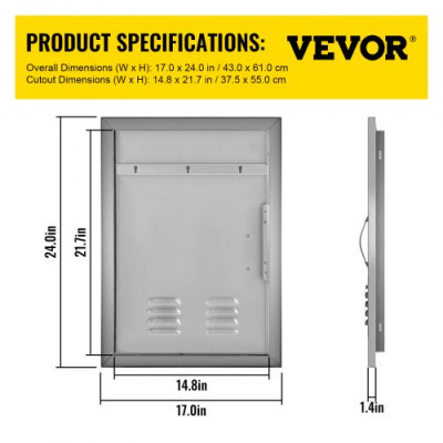 Puerta de Acero Inoxidable para Cocina al Aire Libre 43,2 x 60,9 cm, Isla para Asador y Cocina para Exteriores, con Tamaño del Recorte de 37,3 x 55,9 cm, Puerta de Acero Inoxidable para Barbacoa