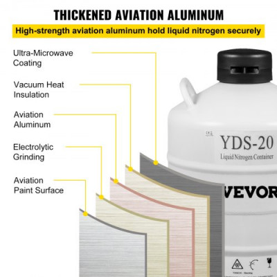 VEVOR Contenedor de Nitrógeno de 20L, Contenedor de Nitrógeno Líquido de Aluminio para Aviación 20L, Tanque de Nitrógeno Líquido con Tapa Bloqueable, Tapón de PU, Tanque de Nitrógeno Líquido