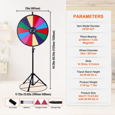 Rueda de Premio Mesa de Color 61 cm con Trípode Plegable, Soporte de 14 Ruedas, Rueda de Color con Pies de Goma Antideslizantes, Altura Ajustable de 117-155cm, Peso de 4,3 kg de Alta Resistencia