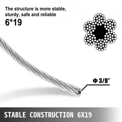 VEVOR Cable del Cabrestante de 4,400 lb (2 T), Longitud de 15 m de Acero al Carbono, Cable de Acero con Gancho Giratorio Autoblocante, con Núcleo de Acero de 10 mm, Cable Acero para Servicios Pesados