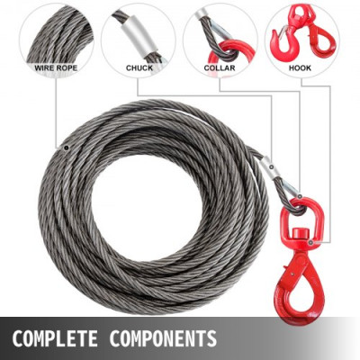 VEVOR Cable del Cabrestante de 4,400 lb (2 T), Longitud de 15 m de Acero al Carbono, Cable de Acero con Gancho Giratorio Autoblocante, con Núcleo de Acero de 10 mm, Cable Acero para Servicios Pesados