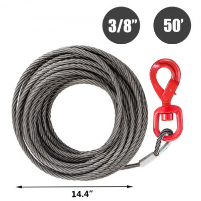 VEVOR Cable del Cabrestante de 4,400 lb (2 T), Longitud de 15 m de Acero al Carbono, Cable de Acero con Gancho Giratorio Autoblocante, con Núcleo de Acero de 10 mm, Cable Acero para Servicios Pesados