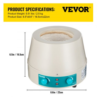 VEVOR Manto Calefactor 500ML 250W Agitador Magnético Manto de Calefacción 0-1400RPM Manta Calefactora de Laboratorio Adecuado para Calentamiento y Calefactor