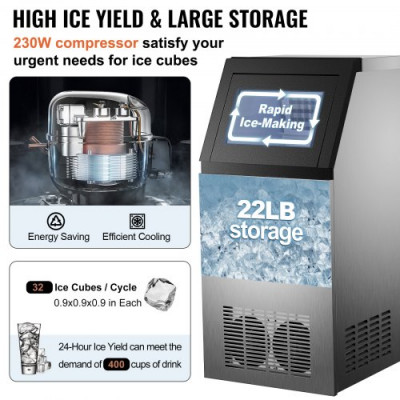 VEVOR Fabricador De Hielo Máquina para Hacer Hielo Comercial 50KG/24 Horas Máquina de Hielo de Acero Inoxidable Máquina para Fabricar Cono de Nieve