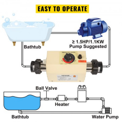 Termostato de Calefacción SPA, 220-240 V 50-60 Hz, Calentador de Agua SPA 2 kW, Calentador de Agua Piscina 264 x 124 x 124 mm, Termostato de Piscina con Interfaz de 50 mm, de Acero Inoxidable