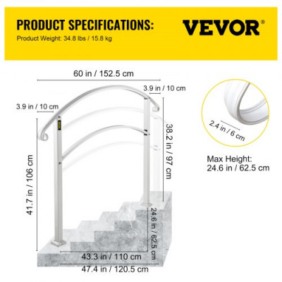 VEVOR Barandilla Escalera Barandilla de Hierro para 4-5 Pasos Pasamanos para Escaleras Blanco 1,5 m