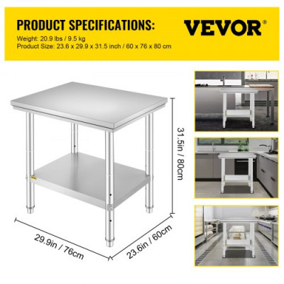 VEVOR Mesa De Trabajo Mesa de Preparación de Comida de Acero Inoxidable 60 x 76 x 80 cm Tabla de Cocina Profesional Carga 750 kg Tabla de Trabajo de