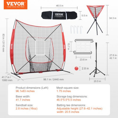 VEVOR Red de Entrenamiento de Béisbol y Softbol 244x211 cm, Red para Golpear, Atrapar, Lanzar, Equipo de Béisbol con Estructura en Arco, Bolsa de Transporte, Zona de Golpe, Pelota, Tee, Colector