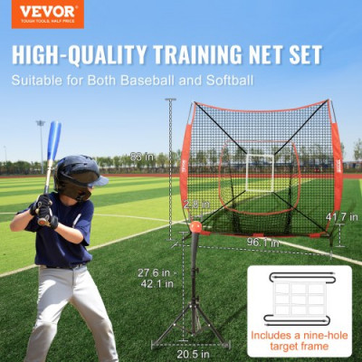 VEVOR Red de Entrenamiento de Béisbol y Softbol 244x211 cm, Red para Golpear, Atrapar, Lanzar, Equipo de Béisbol con Estructura en Arco, Bolsa de Transporte, Zona de Golpe, Pelota, Camiseta de Bateo