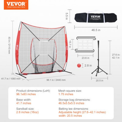 VEVOR Red de Entrenamiento de Béisbol y Softbol 244x211 cm, Red para Golpear, Atrapar, Lanzar, Equipo de Béisbol con Estructura en Arco, Bolsa de Transporte, Zona de Golpe, Pelota, Camiseta de Bateo