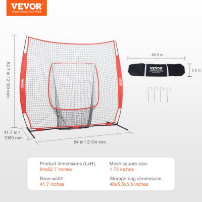 VEVOR Red de entrenamiento de béisbol y softbol de 84 x 83 pulgadas, red para golpear, atrapar, lanzar, equipo de béisbol con bolsa de transporte y zona de golpe para jóvenes al aire libre