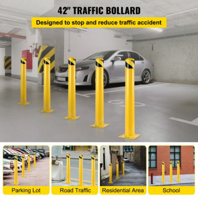 Bolardo de Seguridad Metal 106.6CM de Altura Bolardo de Acero Amarillo Tráfico Bolardo de Tubo de Acero para Seguridad del Tráfico