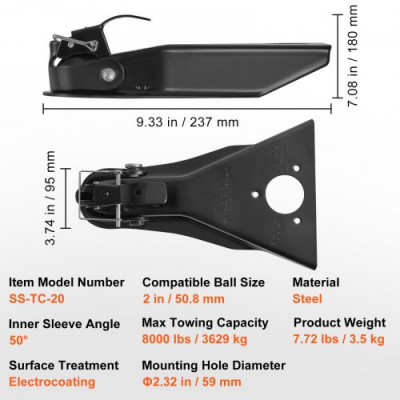 VEVOR Cabezal de Enganche de Remolque para Bola de Enganche 50,8 mm Marco en A Carga de 3629 kg Acoplador de Remolque de Acero Resistente para Autocaravana, Furgoneta, SUV, Superficie de Revestimiento