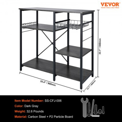 Estante para Panaderos de Cocina de 5 Niveles Estantería de Almacenamiento de Servicios 90 x 40 x 84 cm con 8 Ganchos Capacidad de 118 kg Estante con Soporte para Horno Microondas, Gris Oscuro