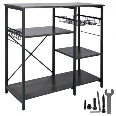 Estante para Panaderos de Cocina de 5 Niveles Estantería de Almacenamiento de Servicios 90 x 40 x 84 cm con 8 Ganchos Capacidad de 118 kg Estante con Soporte para Horno Microondas, Gris Oscuro