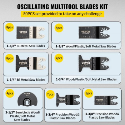 Hojas de Sierra Multiherramienta Oscilante 50 pcs Hojas de Sierra Oscilante 1-3/4", 1-3/8", 3-1/2" Cuchillas de Herramientas Oscilantes Material de HCS + Acero Inoxidable para Madera y Metal