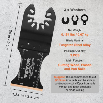 VEVOR Hojas de Sierra Oscilante 3 Piezas Universal Multifunción Herramienta Hojas de Liberación Rápida de Carburo de Titanio Acero Aleación Adecuado para Clavos Pernos Dewalt Milwaukee Hitachi Chicago