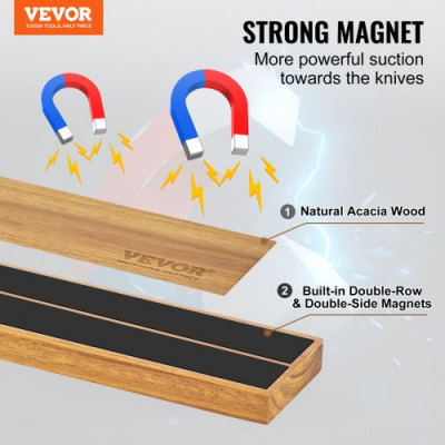 VEVOR Portacuchillas magnético extrafuerte de 23,5 pulgadas, barra magnética para cuchillos, soporte de pared de madera de acacia, sin taladro, multifunción para portacuchillos, utensilios de cocina