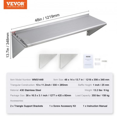 VEVOR Estante de Pared de Acero Inoxidable 1219 x 356 x 63 mm Estante Flotante con Soporte Triangular Carga Máxima de 158 kg Estantería de Pared para Libros Portarretratos Plantas Oficina Baño Cocina