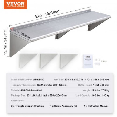 VEVOR Estante de Pared de Acero Inoxidable 1524 x 356 x 63 mm Estante Flotante con Soporte Triangular Carga Máxima de 180 kg Estantería de Pared para Libros Portarretratos Plantas Oficina Baño Cocina