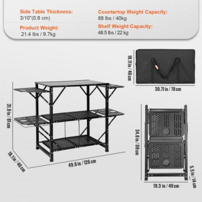 VEVOR Mesa de Cocina de Camping, Estación de Cocina Portátil Plegable con Bolsa de Transporte, Mesa de Camping de Aluminio de 126 x 46 x 81 cm para Pícnics al Aire libre, Barbacoas, Camping