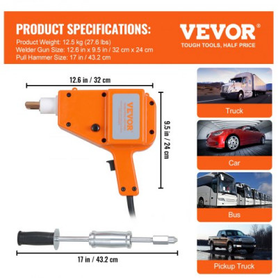 VEVOR Extractor de Clavos para Carrocería 800VA Kit de Eliminación de Abolladuras de Carrocería 1600A Soldador por Puntos 32x24cm Máquina de Reparación de Abolladuras Accesorios para Coches Camiones