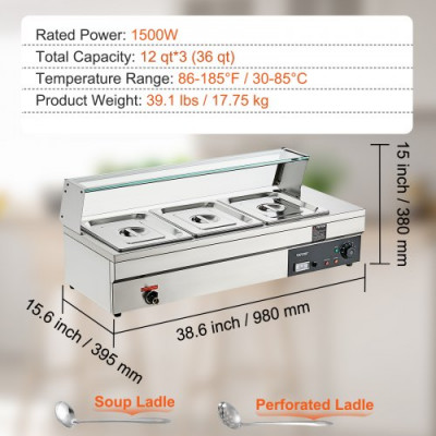 Calentador de Bufé 3 x 11,4 L Baño María Eléctrico Temperatura Ajustable 30-85 °C 1500 W Acero Inoxidable Calentador de Bufé Seco a Prueba de Quemaduras para Recalentar Comida Fiesta Nocturna