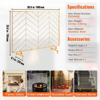 VEVOR Pantalla para Chimenea 1 Panel Salvachispas para Chimenea de Hierro 98x75,8 cm Servicio Pesado Protector contra Chispas Independiente Instalación Simple para Sala de Estar Decoración, Dorado