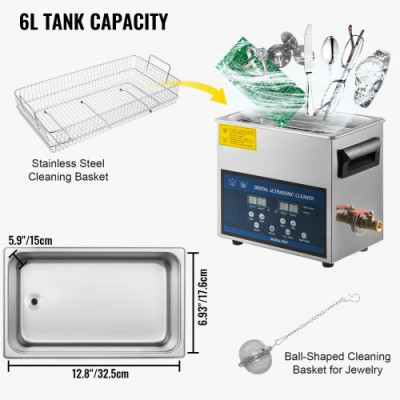 VEVOR 6L Limpiador Ultrasónico de Frecuencia Dual, para Joyas, Gafas, Lentes, Vajilla, Limpieza Ultrasónica Profesional, 12,6x7x12,3
