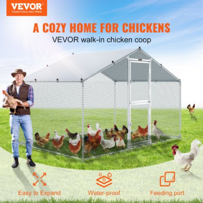 VEVOR Gallinero de Metal para Exterior, 200x300x200 cm, Gran Corral para Pollos, Lona Impermeable, Techo Puntiagudo, Puerta Doble, Malla de Alambre, Parque para Gansos, Patos, Conejos, Mascotas, Plata