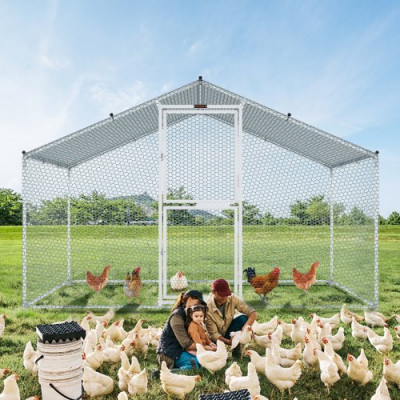 VEVOR Gallinero de Metal para Exterior, 200x300x200 cm, Gran Corral para Pollos, Lona Impermeable, Techo Puntiagudo, Puerta Doble, Malla de Alambre, Parque para Gansos, Patos, Conejos, Mascotas, Plata