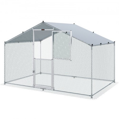 VEVOR Gallinero de Metal para Exterior, 200x300x200 cm, Gran Corral para Pollos, Lona Impermeable, Techo Puntiagudo, Puerta Doble, Malla de Alambre, Parque para Gansos, Patos, Conejos, Mascotas, Plata