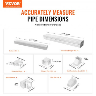 VEVOR Mini cubierta de línea dividida, 75 mm de ancho, 3110 mm de largo, cubierta decorativa de PVC para conductos de aire acondicionado con 5 conductos rectos, se puede pintar para bombas de calor, c