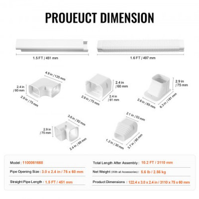 VEVOR Mini cubierta de línea dividida, 75 mm de ancho, 3110 mm de largo, cubierta decorativa de PVC para conductos de aire acondicionado con 5 conductos rectos, se puede pintar para bombas de calor, c