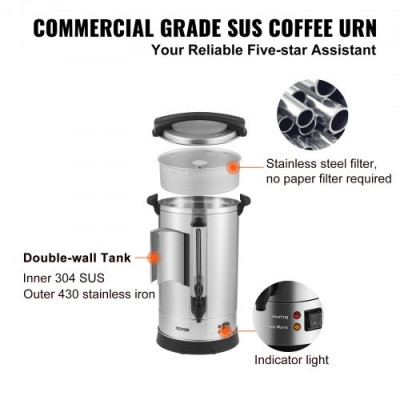 Urna de Café Comercial de Acero Inoxidable para 65 Tazas urna para cafetera 1500W 220V Cafetera Eléctrica Urna Para Preparación Rápida Urna de Agua Caliente con Cable de Corriente Desmontable