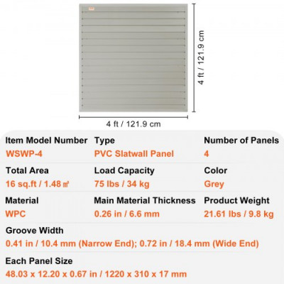 VEVOR Panel de Listones de Pared para Garaje 1220x310mm Panel de Almacenamiento de Herramientas 4PCS Capacidad de 34kg con Ganchos para Tienda Minorista, Organización de Almacenamiento de Manualidades