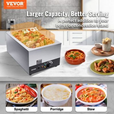 Calentador de Comida Comercial 24QT Baño María 1200W Calentador Eléctrico Calentador de Sopa Estufa de Vapor Encimera de Acero Inoxidable Recipiente con Control de Temperatura para Fiesta Bufé