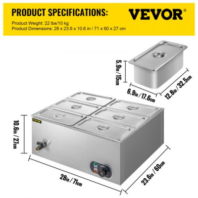 VEVOR Servidor de Buffet/Bufé con 6 Cacerolas Calentadoras Calentador Buffet/Bufé DTC6C 62x70x26,5cm Servidor de Buffet/Bufé de Acero Inoxidable Grado Alimenticio Calentador de Comida con Tapa