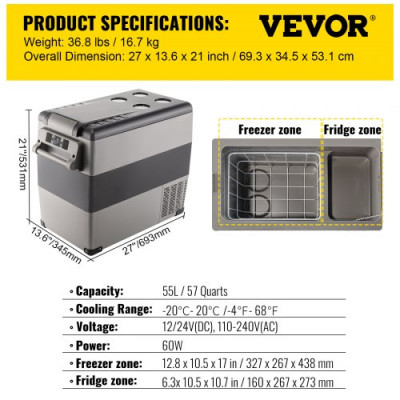 VEVOR Refrigerador Portátil para Coche 55 L Mini Caja del Congelador Mini Frigorífico Coche Nevera Portátil de Viaje -20 a 10 Grados para Camping