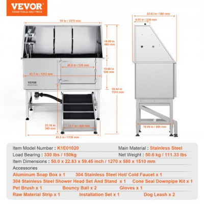 VEVOR Bañera de Acero Inoxidable para Perros Gatos 127 x 58 x 151 cm Bañera Peluquería Canina para Mascotas hasta 1270 mm Tina de Aseo Capacidad de 150 kg con Caja de Jabón Grifo Rampa Derecha