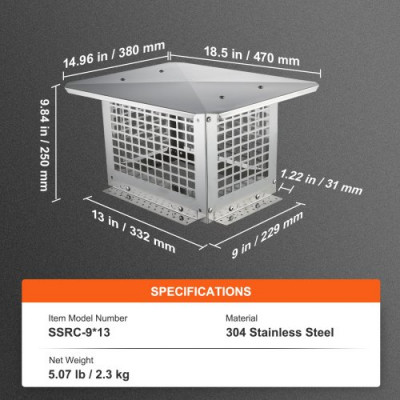 VEVOR Tapa de Chimenea 332x229 mm Sombrero de Chimenea Base Cuadrada Tapa de Cubierta de Acero Inoxidable 304 Protector contra Pájaros Viento y Lluvia con Accesorios para Diferentes Tipos de Chimeneas