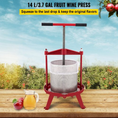 Prensa de Vino de Frutas 14 L Prensa de Vino de Uvas con Cesta de Acero Inoxidable Prensa para Vino o Fruta, Marco de Hierro Fundido Revestido con Mango en T Ergonómico y 3 Pies de Apoyo Firmes